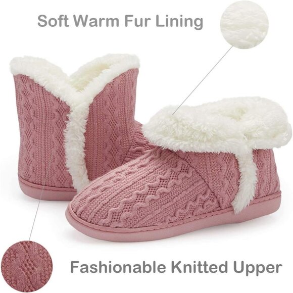 Women's Winter Warm Fluffy Fur Lined Plush Light Pink Bootie Slippers Shoes - Picture 3 of 7